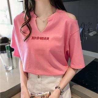 Lettering Embroidered Short-sleeve Notch Neck T-shirt