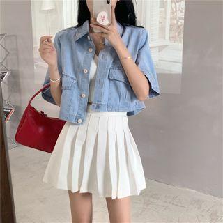 Short-sleeve Denim Cropped Jacket As Shown In Figure - One Size