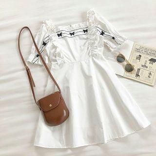 Embroidered Square-neck Puff-sleeve Dress