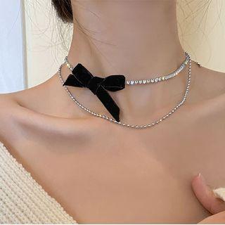 Bow Velvet Layered Rhinestone Choker Black Bow - Silver - One Size