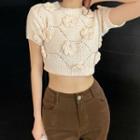 Short-sleeve Floral-accent Cropped Knit Top / Corduroy Bootcut Pants
