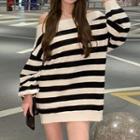 Off-shoulder Striped Knit Top Striped - Off-white & Black - One Size