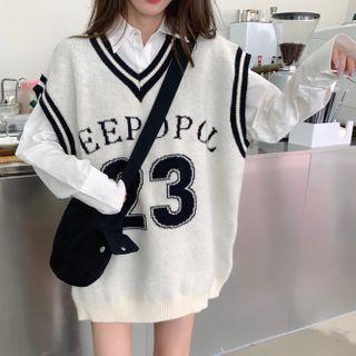 Long Sleeve Shirt / Lettering V-neck Vest