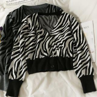 Zebra-print Button-up Crop Knit Top