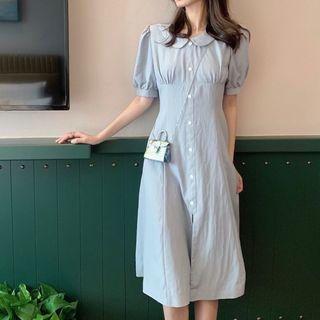 Round-neck Short-sleeve Dress Blue - One Size