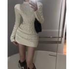 Long-sleeve Open Back Cable-knit Mini Sheath Dress White - One Size