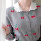 Detachable-collar Cherry-patterned Cardigan
