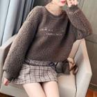 Mesh Panel Letter Embroidered Faux Shearling Sweater