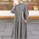 Long-sleeve Gingham Tiered A-line Midi Dress Black & White - One Size