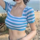 Short-sleeve Striped Cropped Knit Top Stripe - Blue & White - One Size