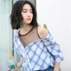 Mock Two-piece Mesh Panel Plaid Blouse