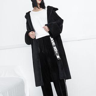Faux-suede Loose-fit Hooded Long Jacket