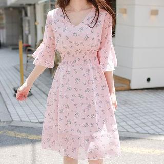 Bell-sleeve Smocked-waist Midi Floral Dress