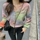 Color Block Crew-neck Cardigan Pink & Green & Blue - One Size