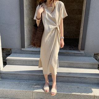 Hemp Blend Knotted T-shirt Dress Beige - One Size