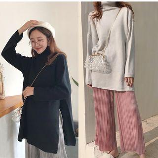 Plain Turtleneck Sweater / Pleated Velvet Wide Leg Pants