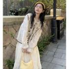 Long-sleeve Lace Midi A-line Dress / Slipdress / Floral Embroidered Sweater Vest / Set