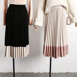 Faux-suede Colorblock Pleated A-line Skirt