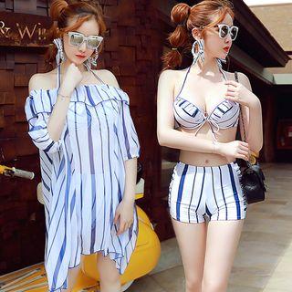 Set: Striped Bikini Top + Swim Shorts + Cover-up Dress