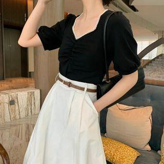 Short-sleeve V-neck Top / Midi A-line Skirt / Set