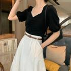 Short-sleeve V-neck Top / Midi A-line Skirt / Set