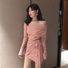Off-shoulder Tie-waist Long-sleeve Mini Dress