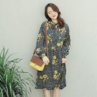 Tie-neckline Floral A-line Dress