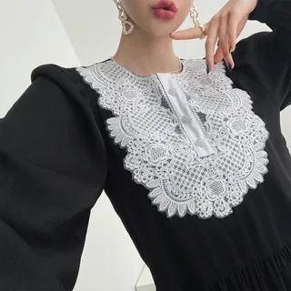 Lace-detail Flared Tiered Long Dress Black - One Size