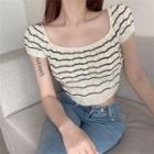 Short-sleeve Scoop-neck Striped Knit Top Black & White - One Size