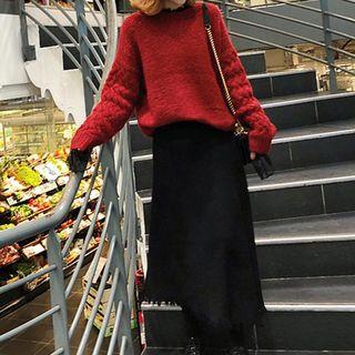 Set: Cable-knit Sweater + Midi Knit Skirt As Shown In Figure - One Size