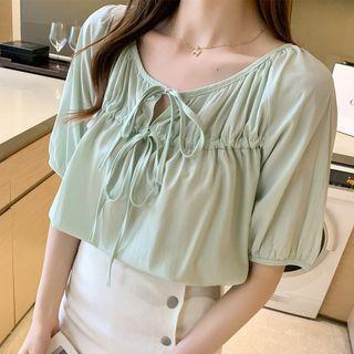 Puff Sleeve Lace-up Plain Blouse