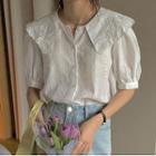 Short-sleeve Floral Embroidered Collar Eyelet Lace Blouse White - One Size