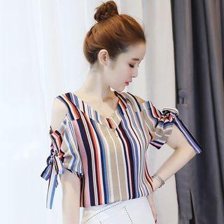Striped Cold Shoulder V-neck Short-sleeve Chiffon Blouse