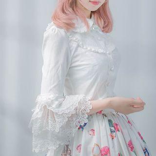 Lace Trim Frill Trim 3/4 Sleeve Shirt
