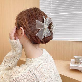 Bow Mesh Faux Pearl Hair Clamp White - One Size