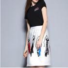 Set: Embroidered Short Sleeve T-shirt + Printed Skirt