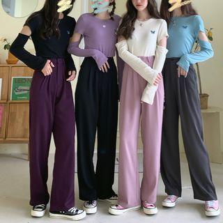 Butterfly Embroidered T-shirt / High-waist Straight-cut Dress Pants