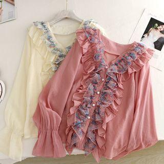 V Neck Color-block Ruffle Chiffon Blouse