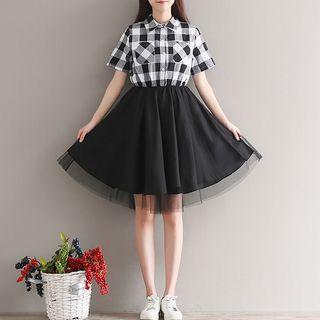 Mesh Panel Plaid Short-sleeve Shirt Midi Skirt