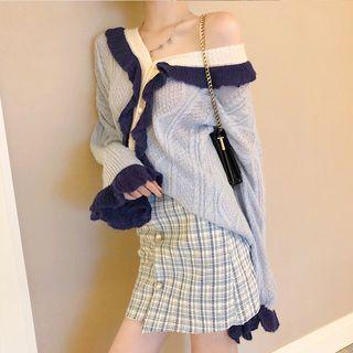 Ruffle Cardigan / Buttoned Tweed Skirt