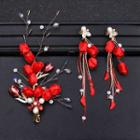 Wedding Set: Flower & Branches Hair Clip + Fringed Earring Red - One Size