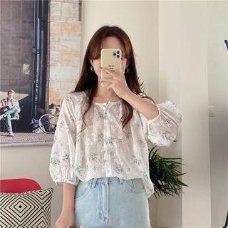 3/4-sleeve Floral Print Blouse White - One Size