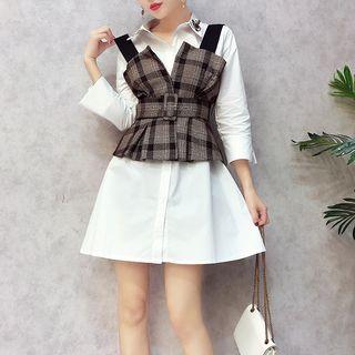 Set: Embroidered Shirt Dress + Plaid Tank Top