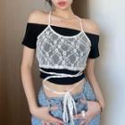 Mock Two-piece Short-sleeve Cold Shoulder Lace Panel Crop Top