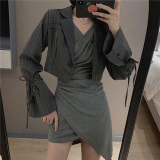 Pinstriped Crop Blazer / Long-sleeve Mini Sheath Dress