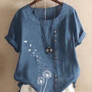 Short-sleeve Loose-fit Dandelion Print Linen Top