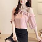 Bow Accent Off Shoulder Short Sleeve Chiffon Blouse