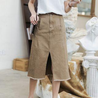 Frayed Hem A-line Midi Skirt