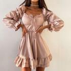 Puff Sleeve Square-neck Ruffled-trim Mini Dress