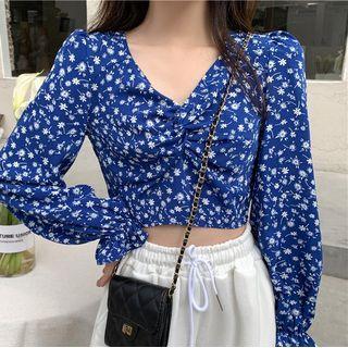 Floral Print Shirred Blouse / Puff-sleeve Floral Print A-line Dress
